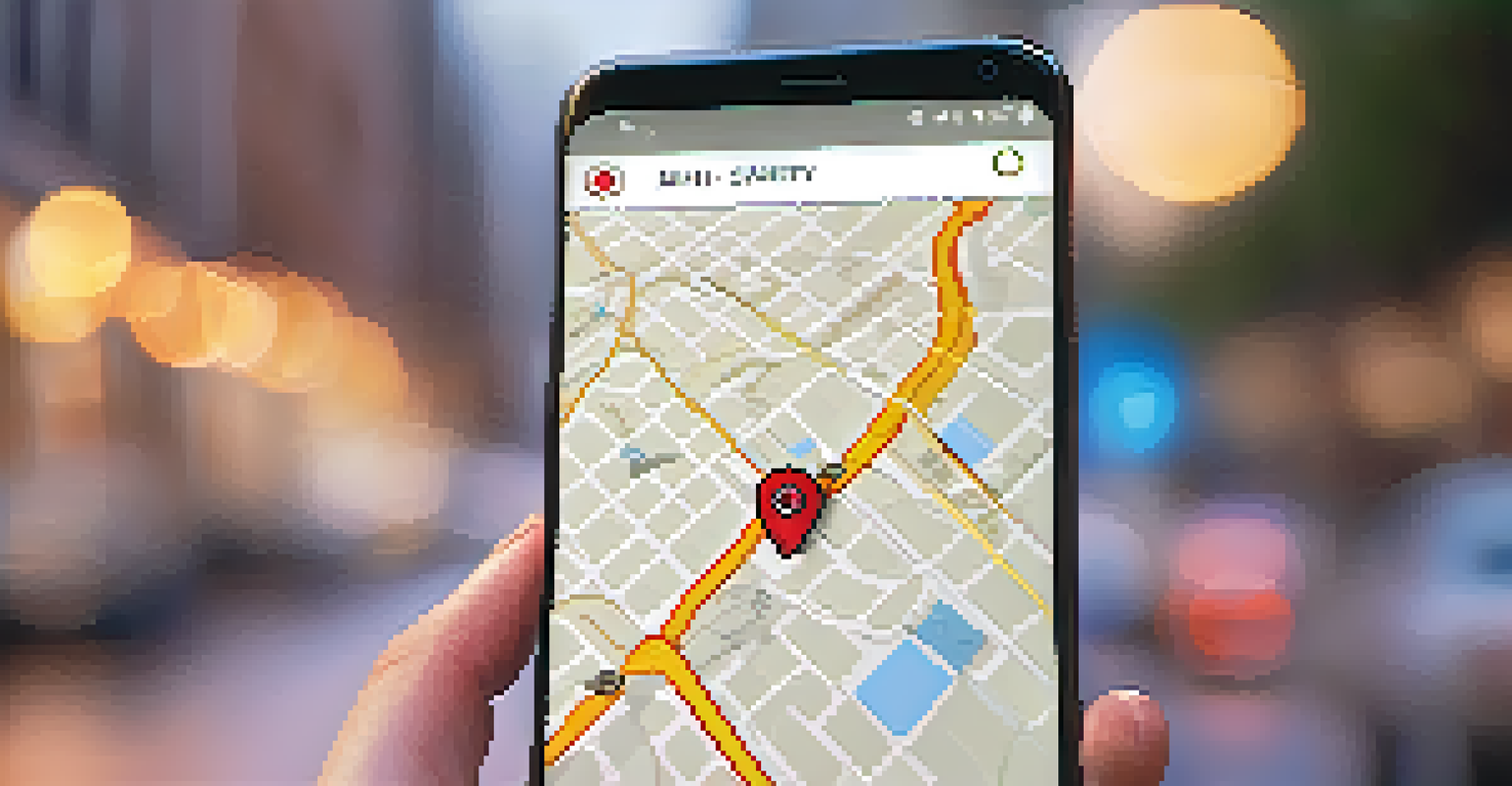 A smartphone showcasing a personal safety app with a map and location marker, set against a softly blurred background.