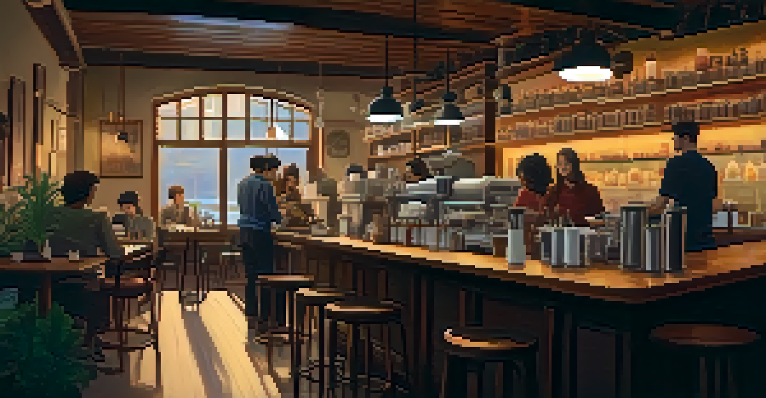 A warm and cozy café with friends chatting and a barista making drinks.