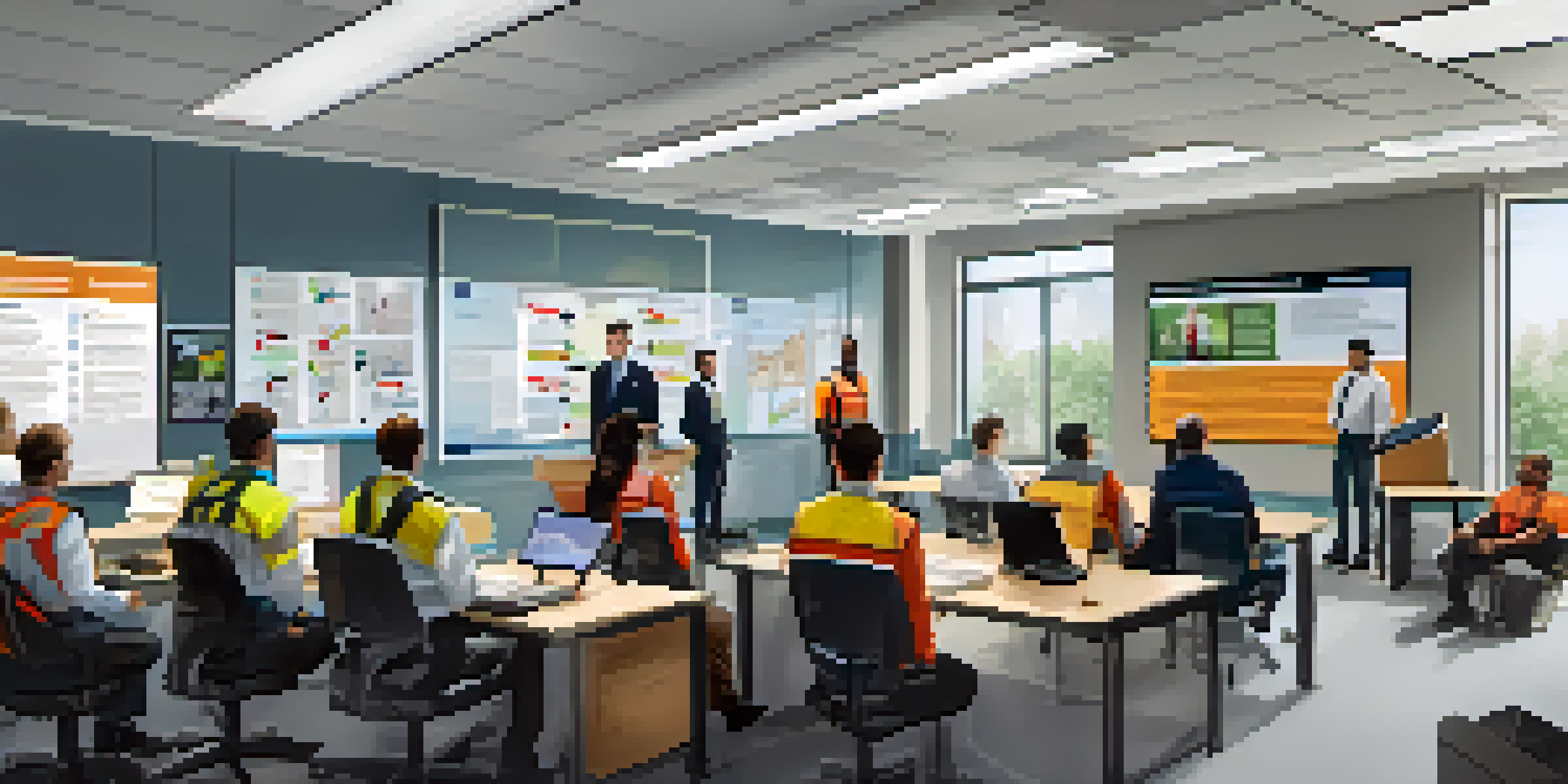 A diverse group of employees in a bright office attending a safety training session, with a trainer and emergency procedure visuals.