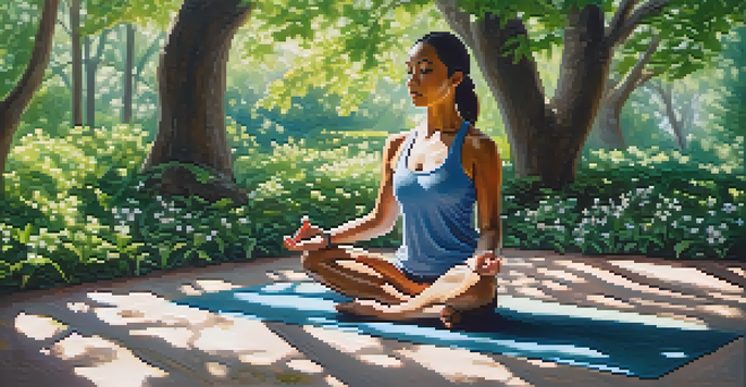 A woman practicing yoga in a sunny park, surrounded by green trees and colorful flowers.