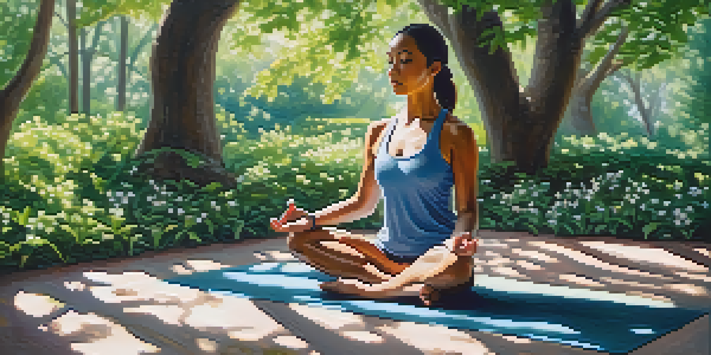 A woman practicing yoga in a sunny park, surrounded by green trees and colorful flowers.