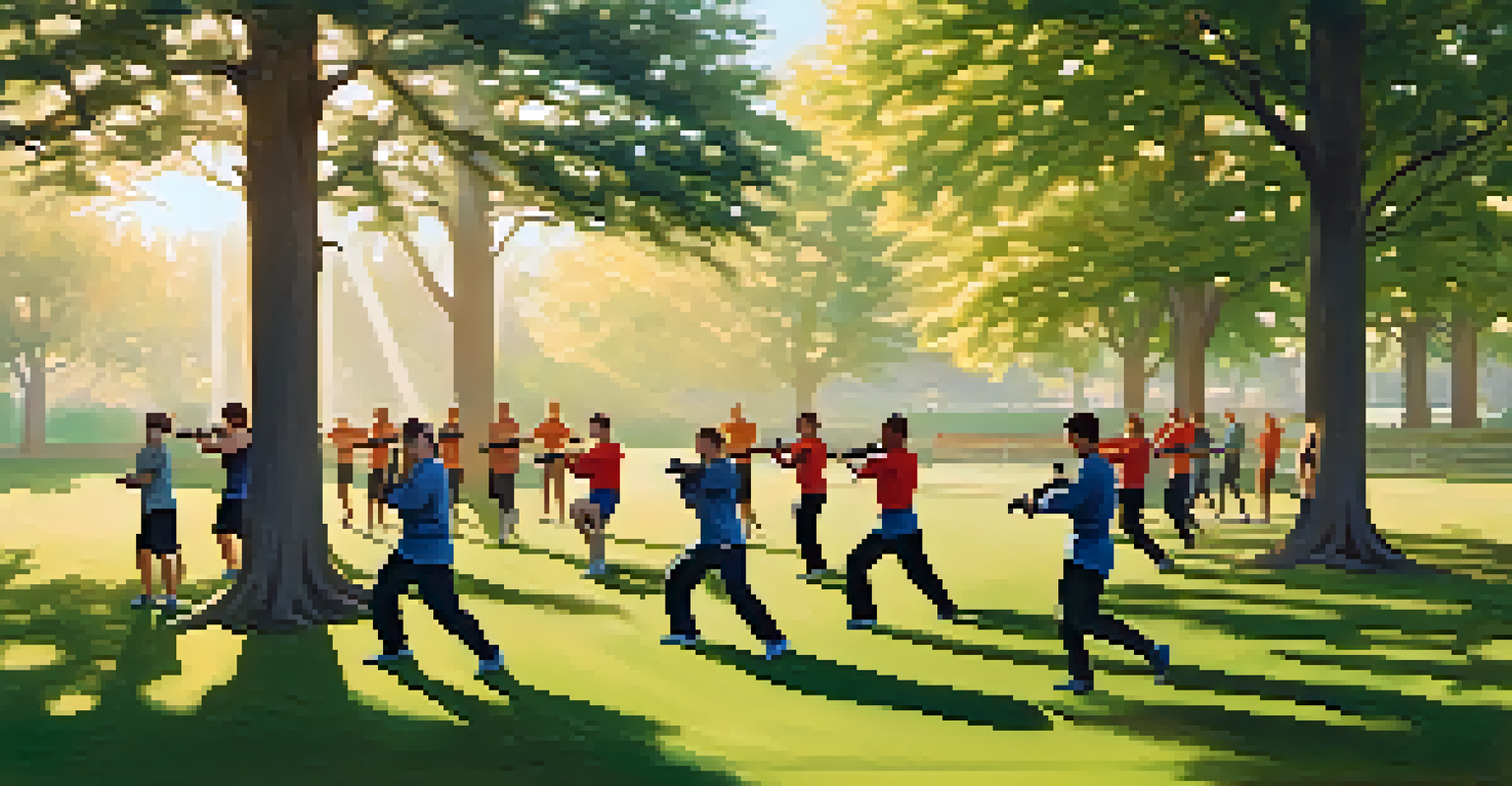 Athletes practicing self-defense techniques in a park during an outdoor training session.