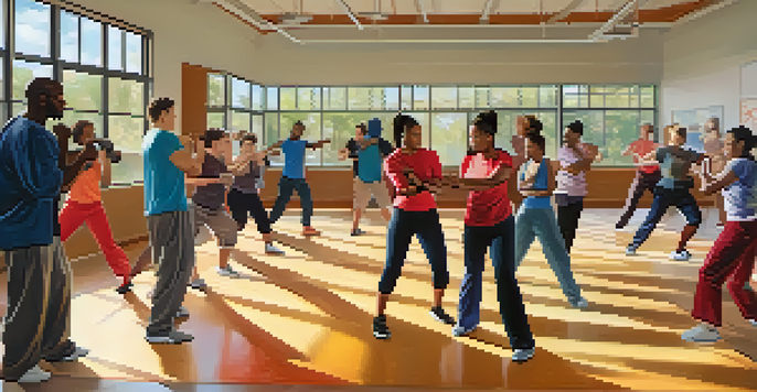A diverse group of individuals practicing self-defense techniques in a community center, showcasing collaboration and support.