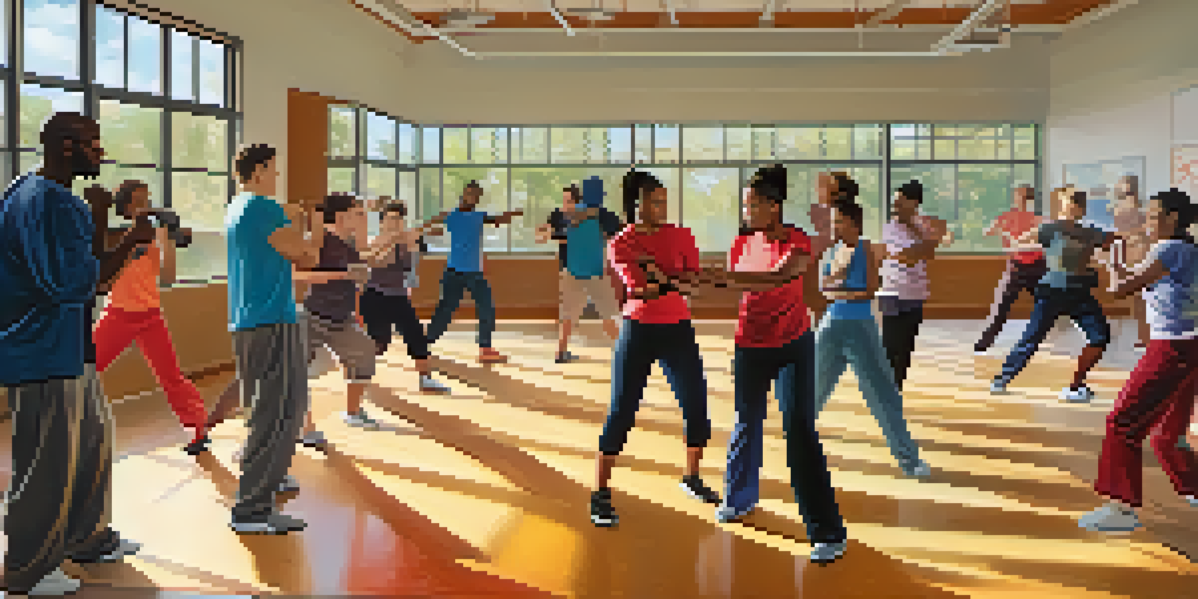 A diverse group of individuals practicing self-defense techniques in a community center, showcasing collaboration and support.
