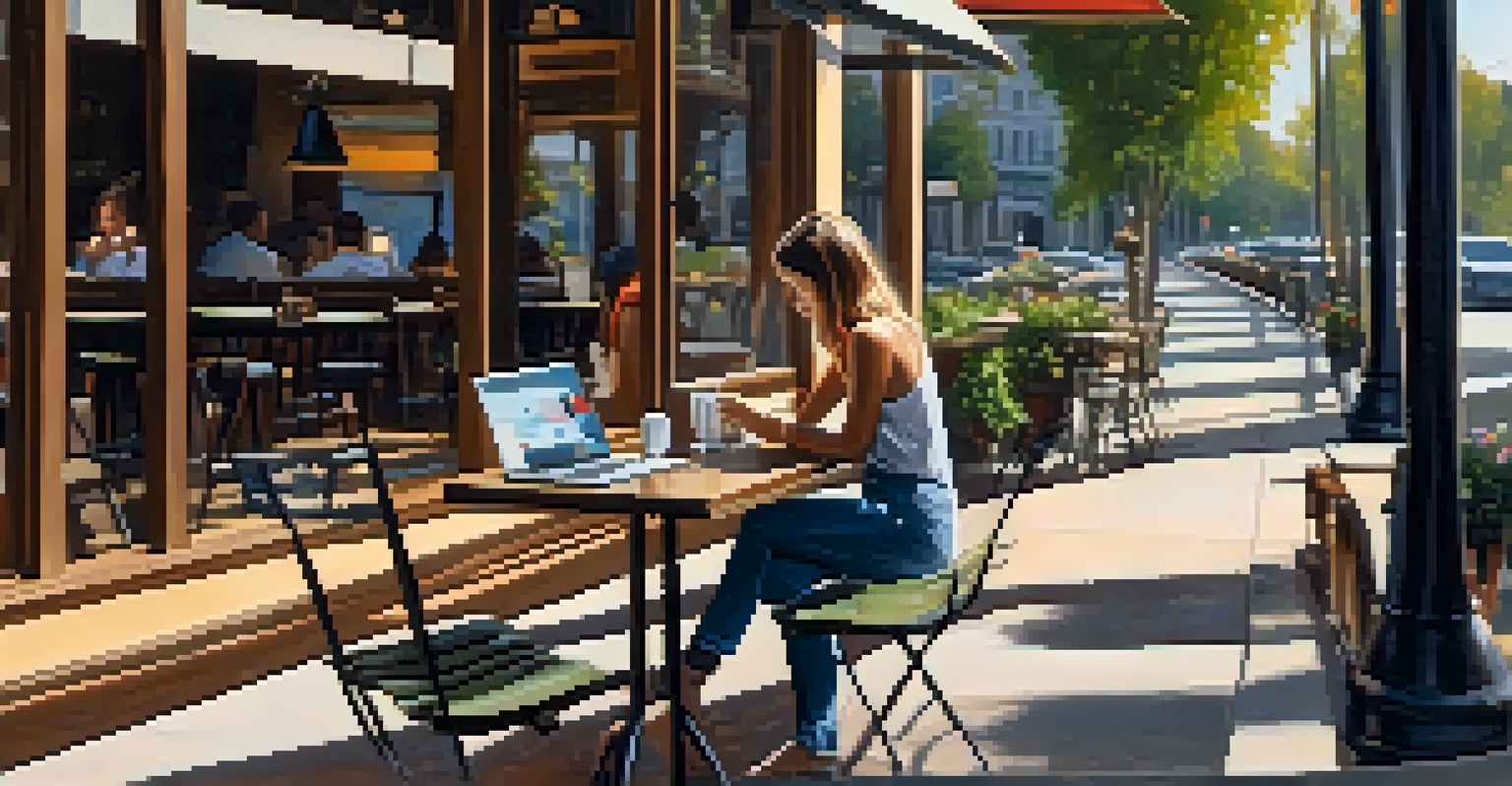 A person at a cafe reviewing social media privacy settings on a laptop.