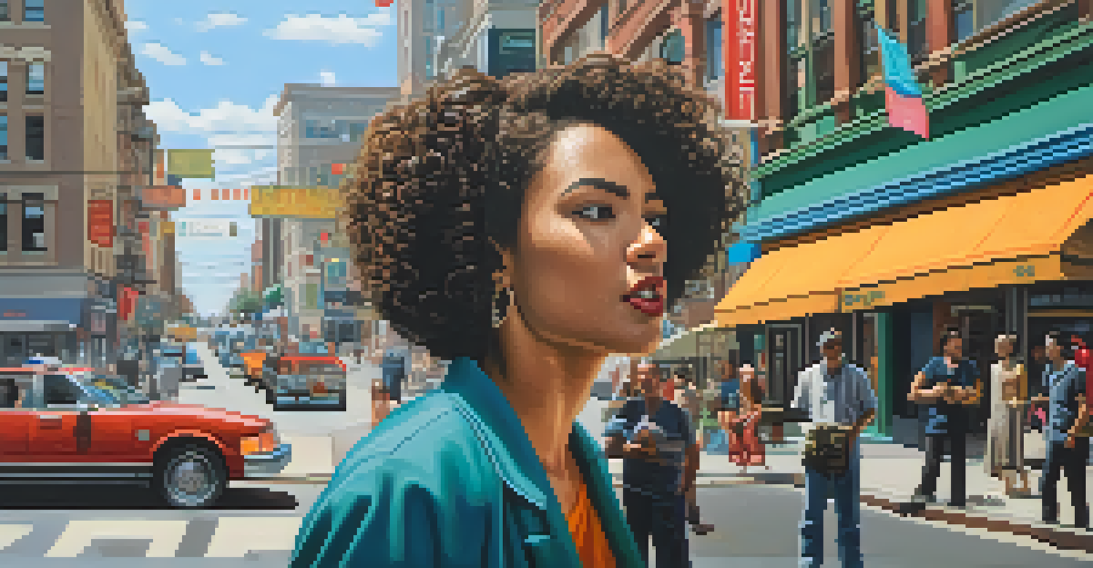 A woman confidently using her voice to deter an approaching stranger in a bustling city street.