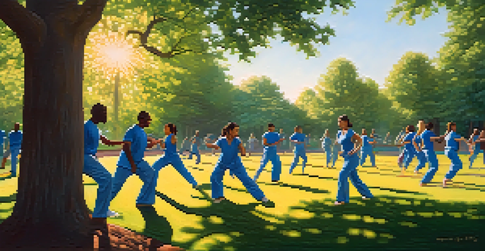A group of diverse individuals practicing self-defense techniques in a sunny park, surrounded by green trees and a clear blue sky.