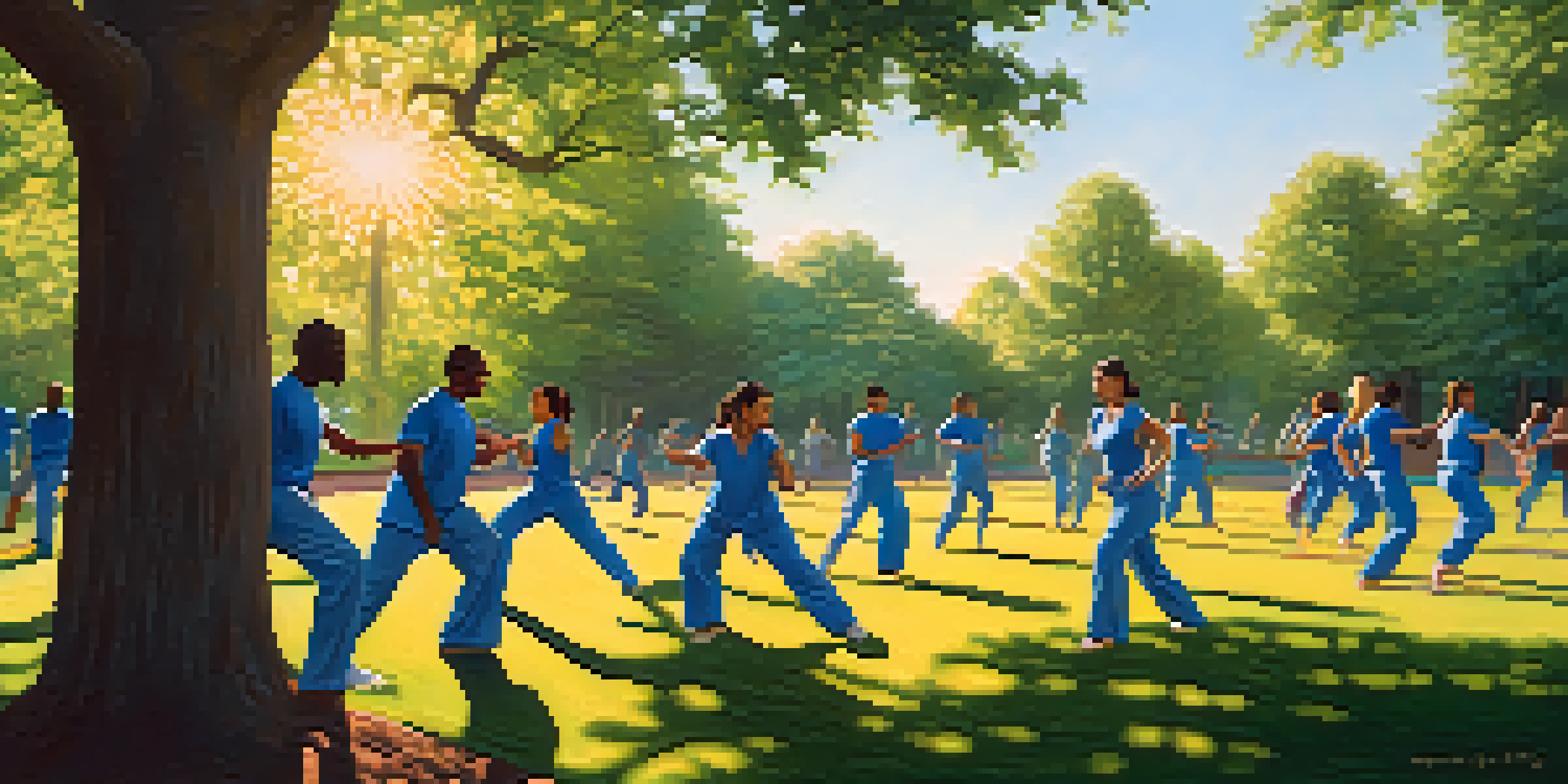 A group of diverse individuals practicing self-defense techniques in a sunny park, surrounded by green trees and a clear blue sky.