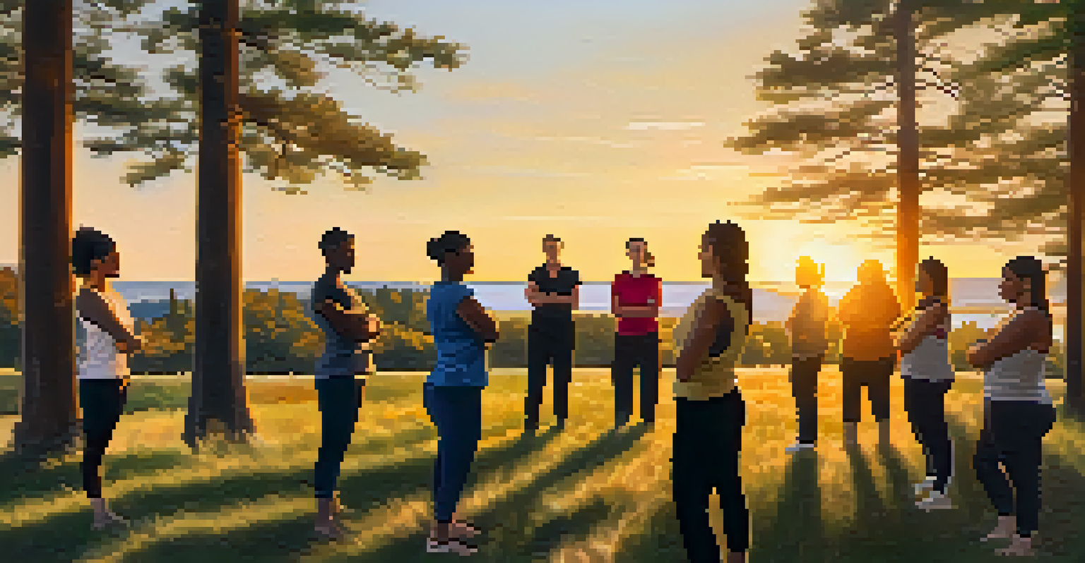 Participants at an outdoor self-defense workshop during sunset, engaged in practice and communication.