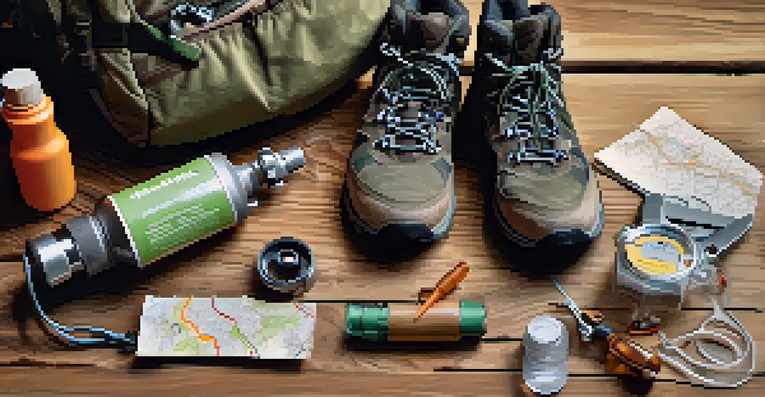 Essential hiking gear including a multi-tool, whistle, map, and water bottle on a wooden surface with a forest trail in the background.