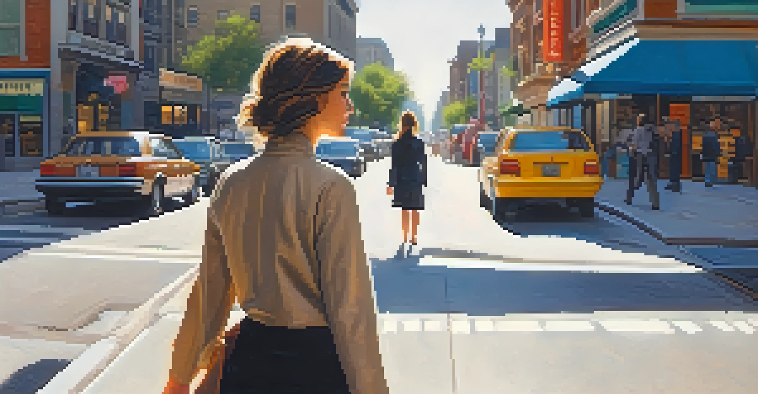 A woman walking confidently down a busy city street, attentively observing her surroundings with a vigilant expression.