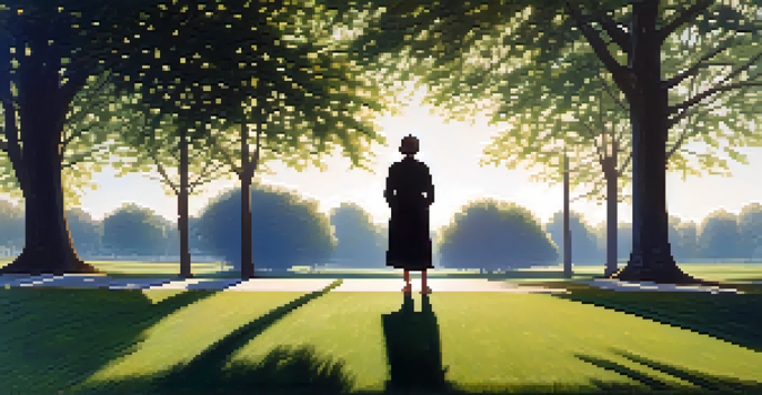 A person practicing a self-defense stance in a park during dawn, with natural light illuminating the scene.