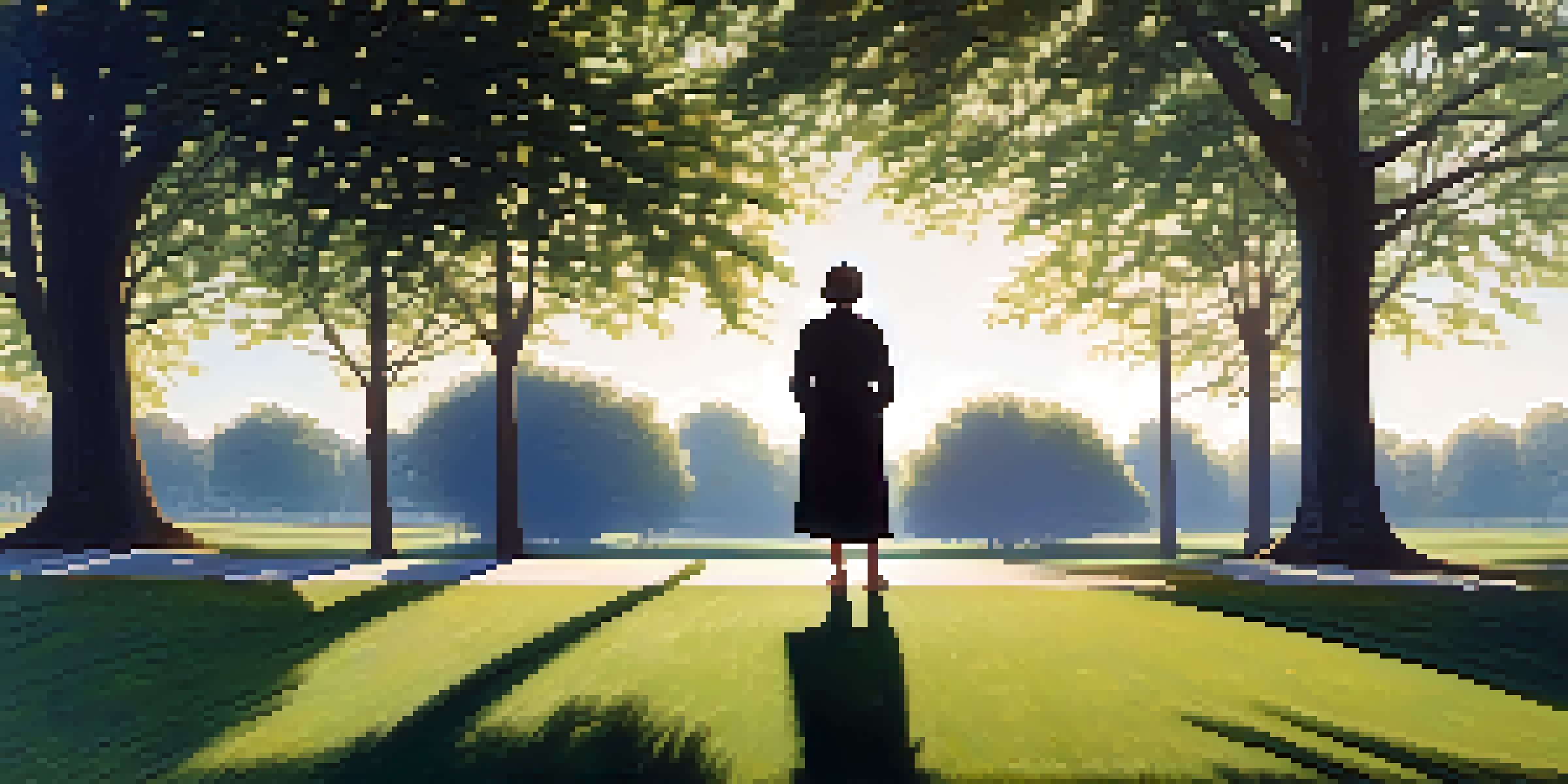 A person practicing a self-defense stance in a park during dawn, with natural light illuminating the scene.