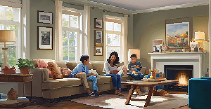 A family in a cozy living room conducting a home safety assessment with checklists and safety discussions.