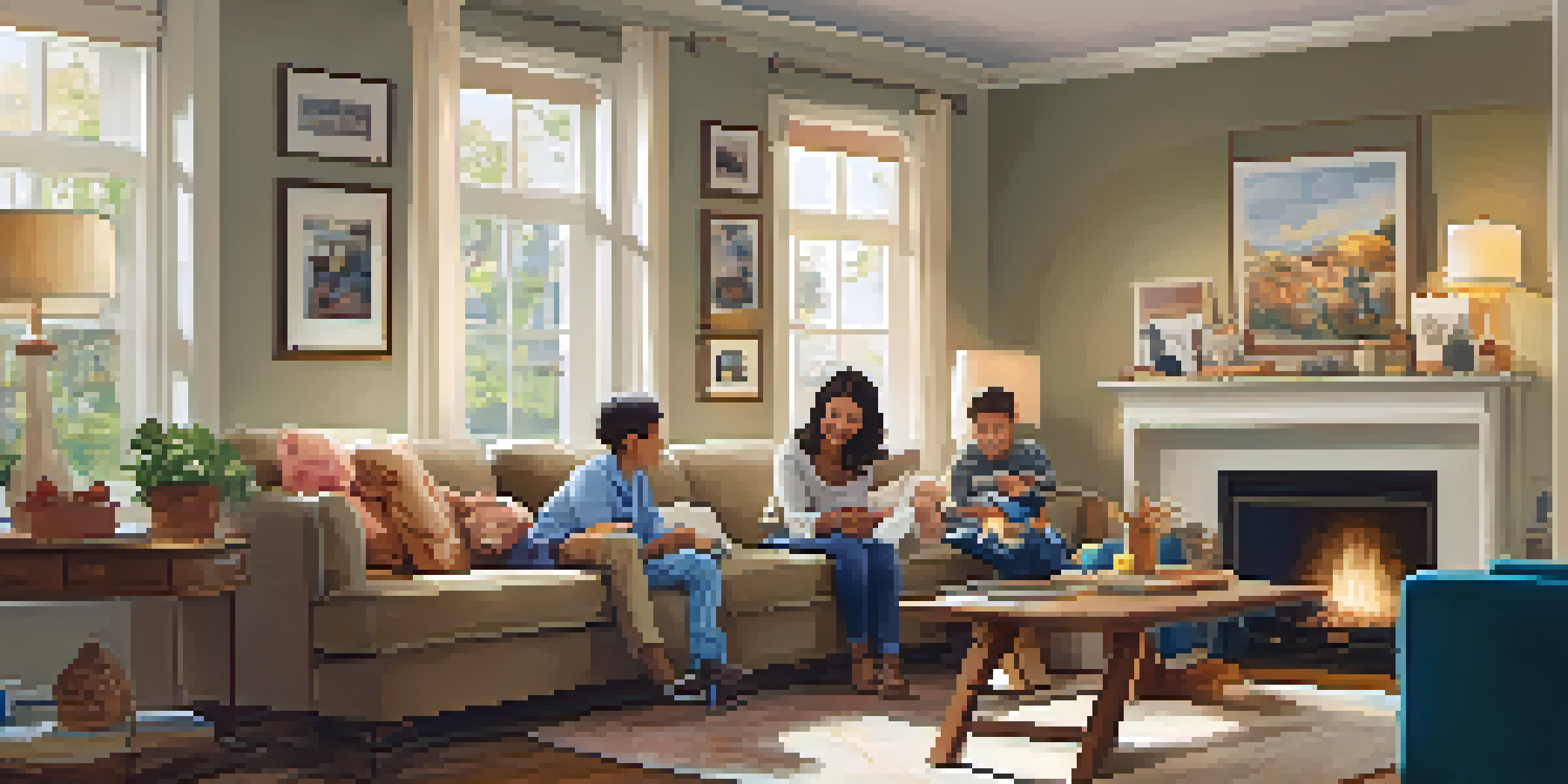 A family in a cozy living room conducting a home safety assessment with checklists and safety discussions.