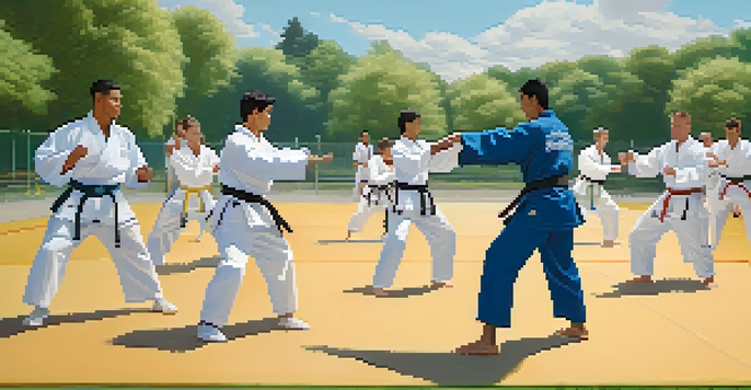 A group of diverse athletes practicing self-defense techniques outdoors on a sunny day, showcasing teamwork and empowerment.