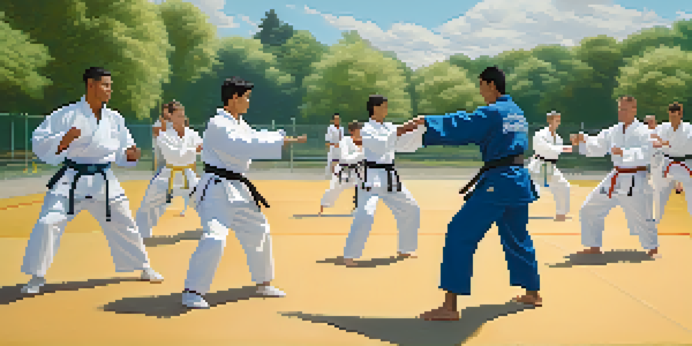 A group of diverse athletes practicing self-defense techniques outdoors on a sunny day, showcasing teamwork and empowerment.