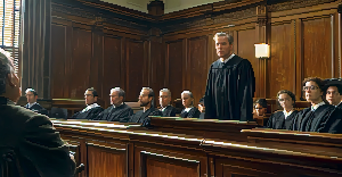 A courtroom with a nervous defendant on the stand, a judge, and a jury, featuring wooden decor and bright natural light.