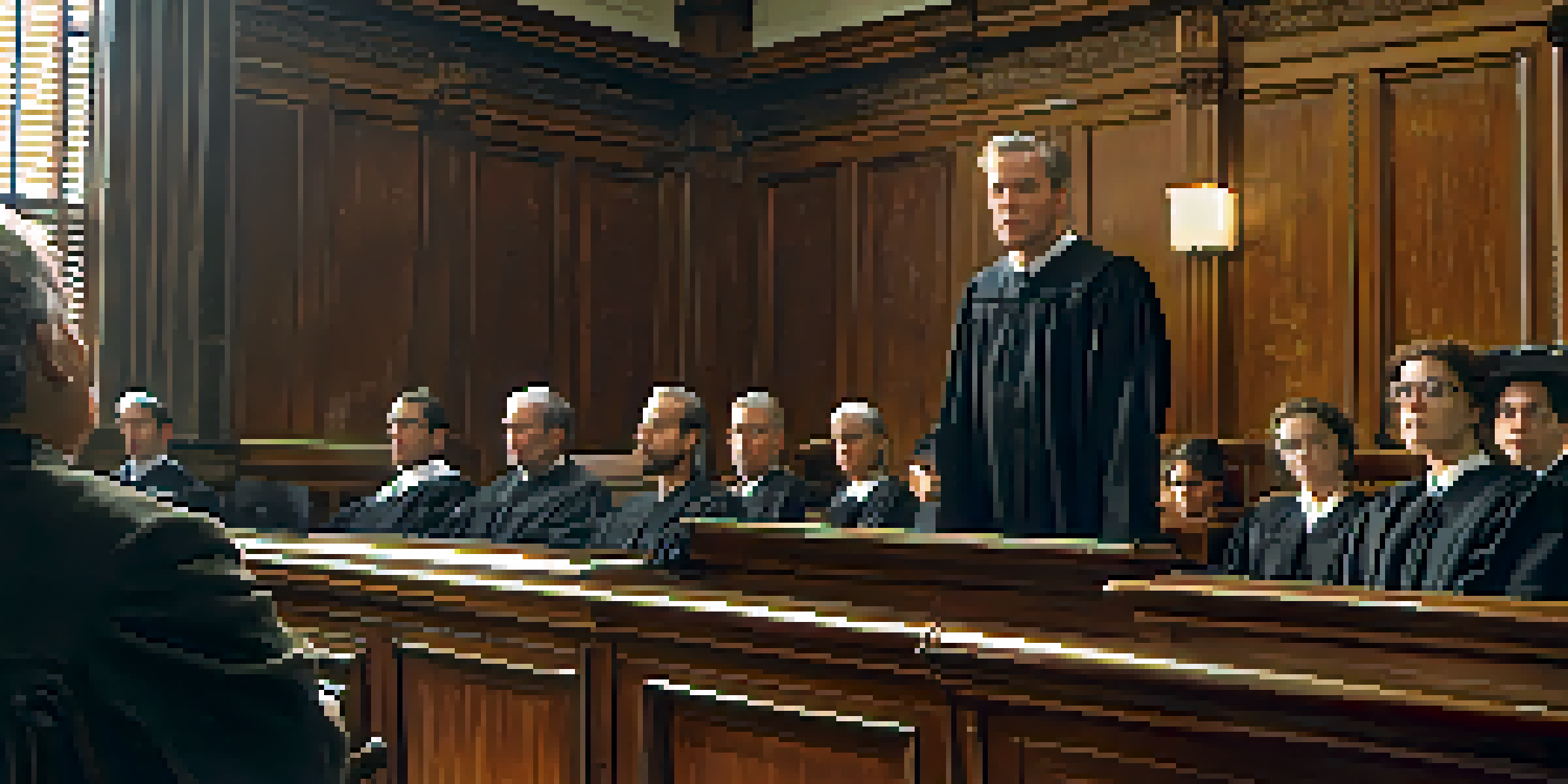 A courtroom with a nervous defendant on the stand, a judge, and a jury, featuring wooden decor and bright natural light.