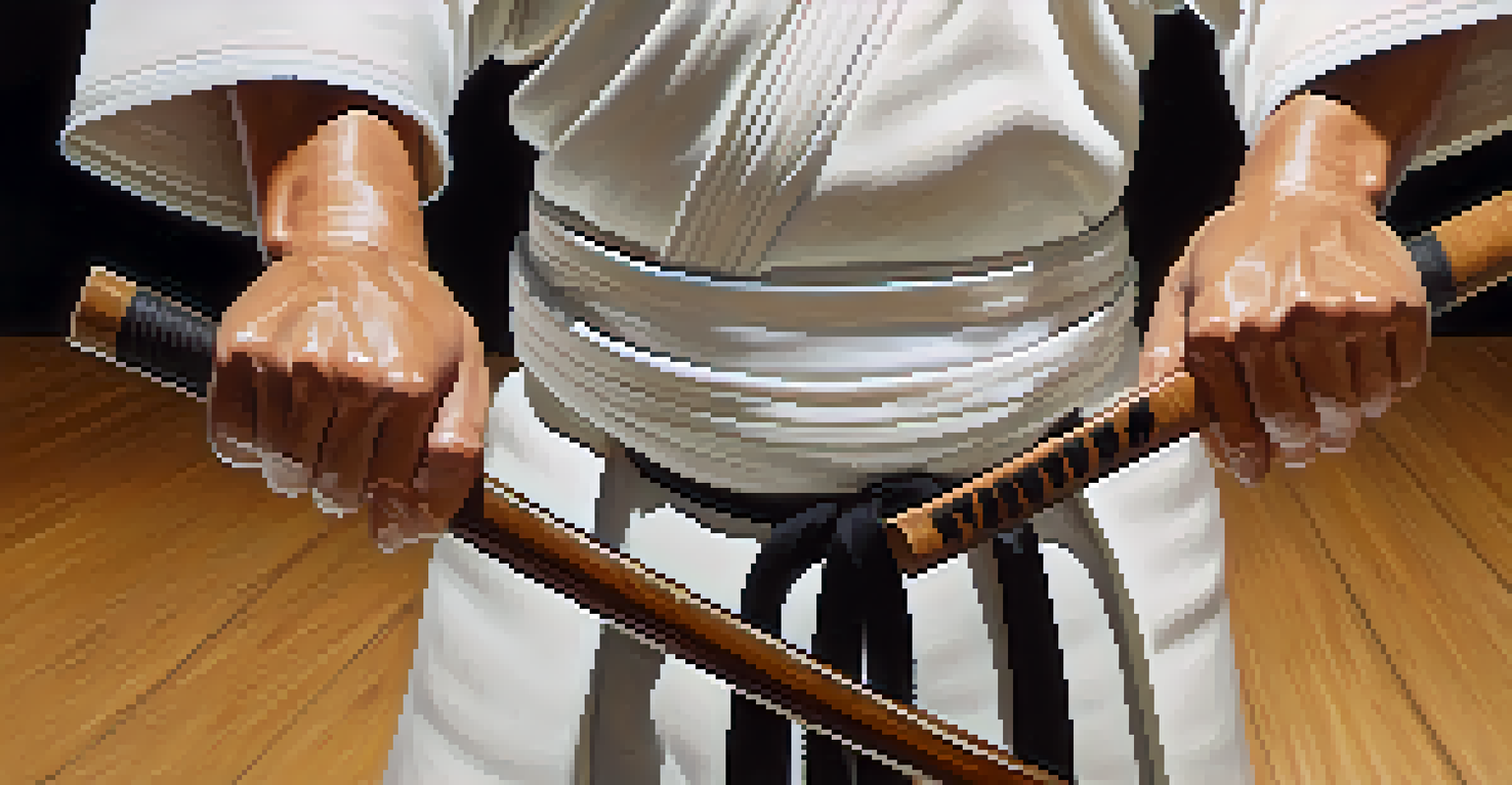 A close-up of an Aikido practitioner's hands holding a wooden bokken in a traditional dojo.