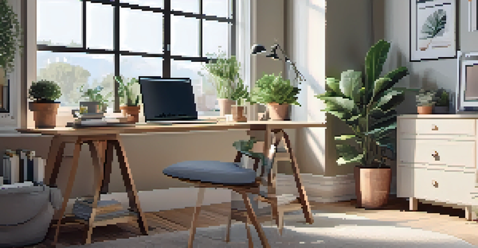 A cozy home office featuring a wooden desk and ergonomic chair, bathed in natural light, with plants and a laptop on the desk.