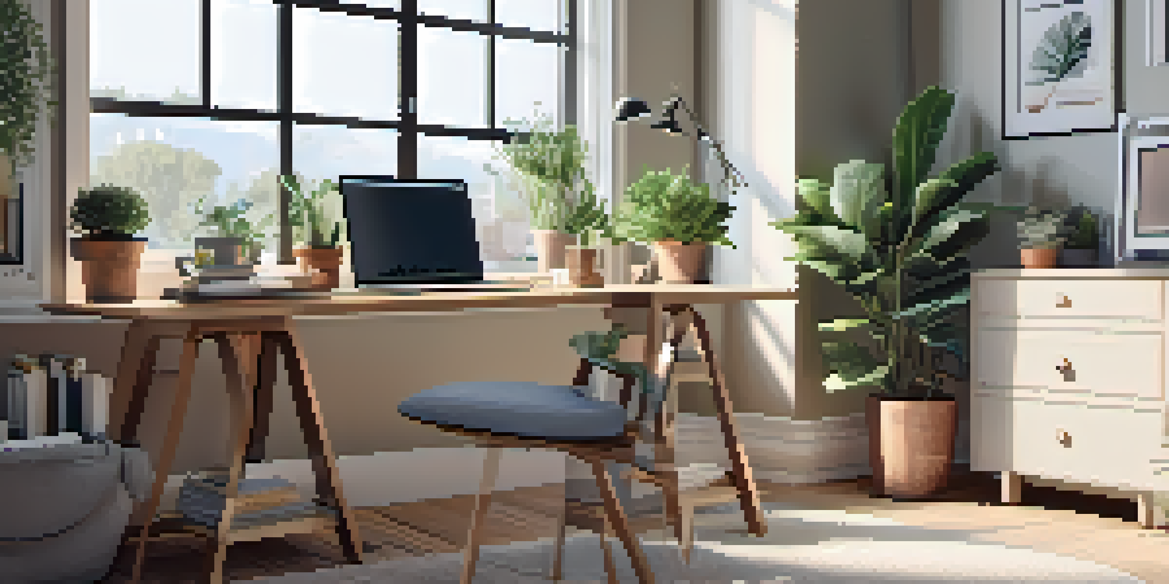 A cozy home office featuring a wooden desk and ergonomic chair, bathed in natural light, with plants and a laptop on the desk.