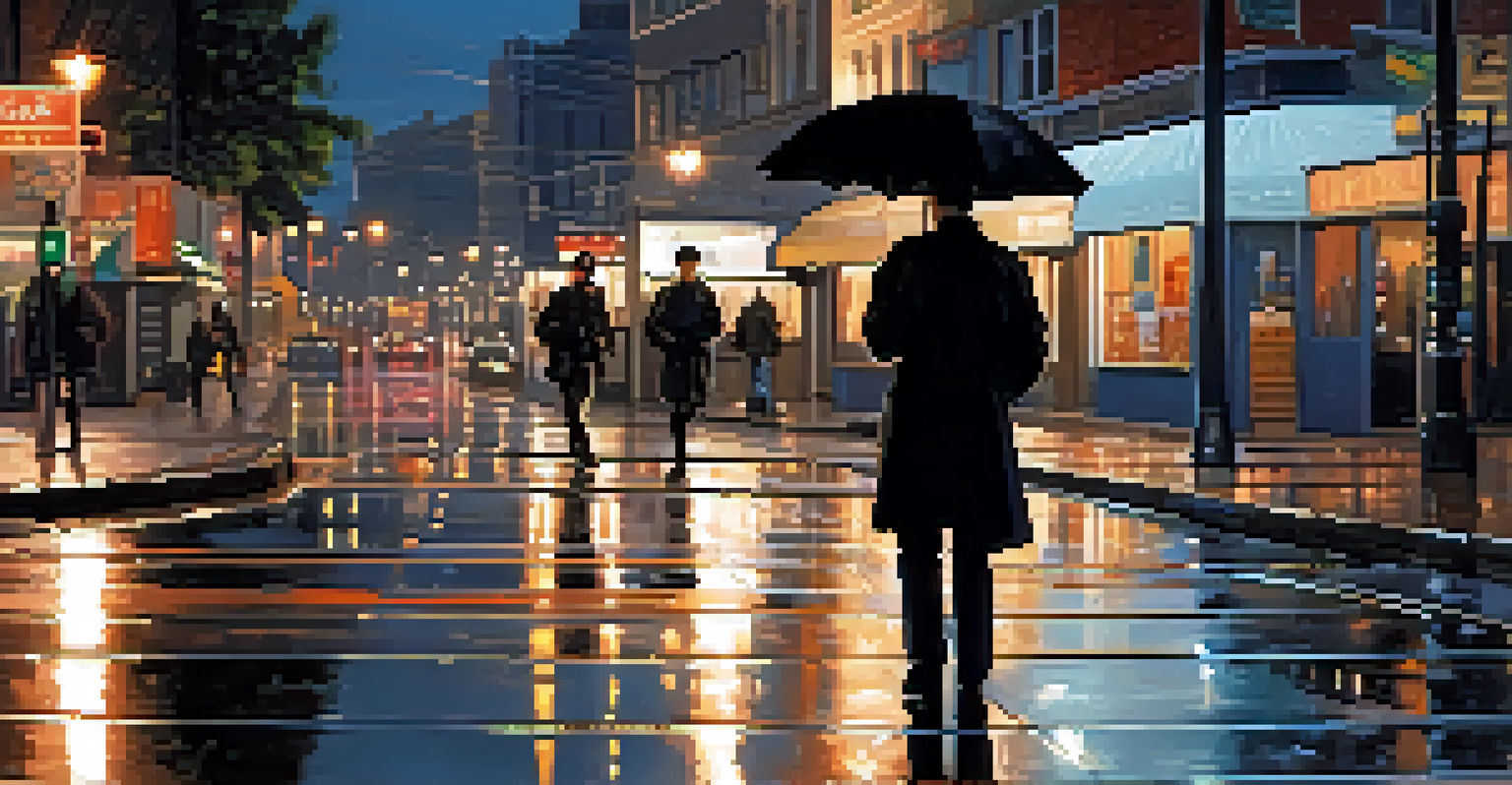 A person holding an umbrella defensively on an urban street at dusk, with city lights and a blurred figure in the background.