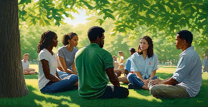 A diverse group of people discussing self-defense laws in a park, surrounded by greenery and sunlight.