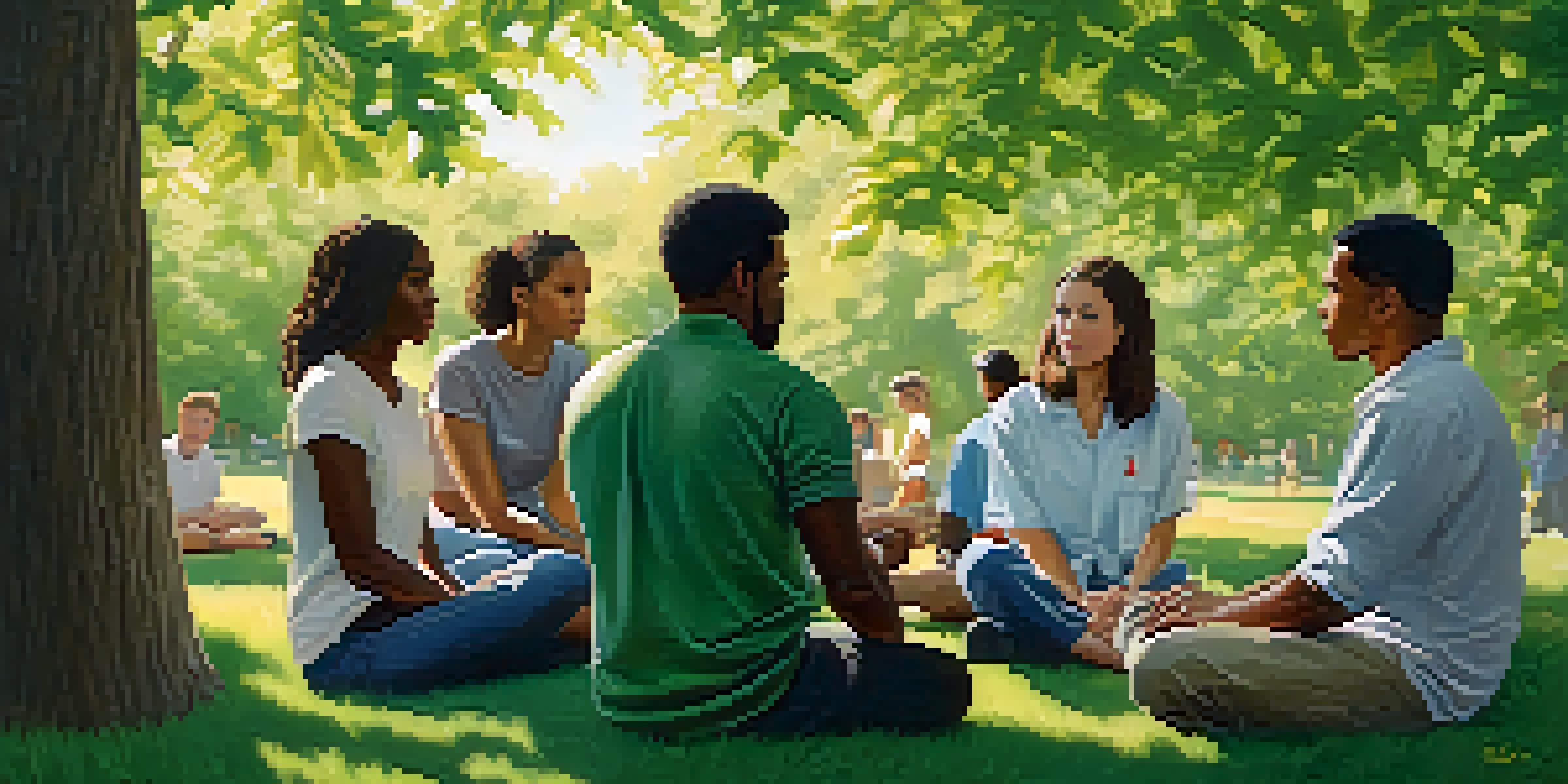 A diverse group of people discussing self-defense laws in a park, surrounded by greenery and sunlight.