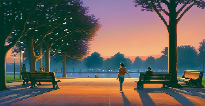 A diverse group of people practicing self-defense techniques in an urban park at dusk, with warm colors in the sky and soft lighting from streetlights.