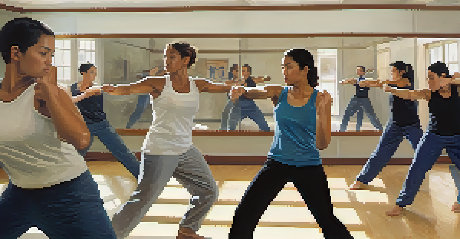 A diverse group of individuals in a self-defense class, focused on practicing strikes under the guidance of an instructor.