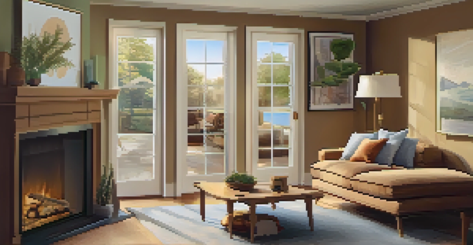 A warm and inviting living room with safety features, including secured doors and windows, and a smart doorbell.