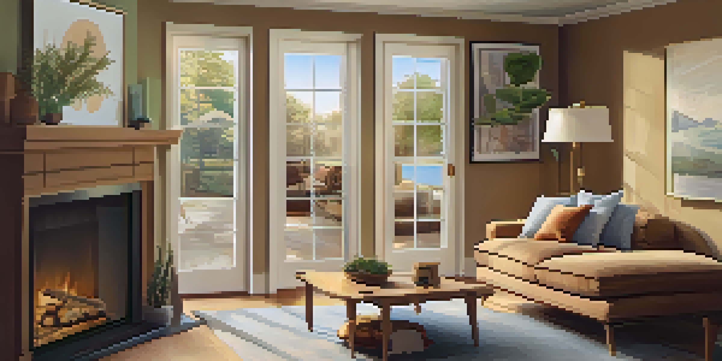 A warm and inviting living room with safety features, including secured doors and windows, and a smart doorbell.