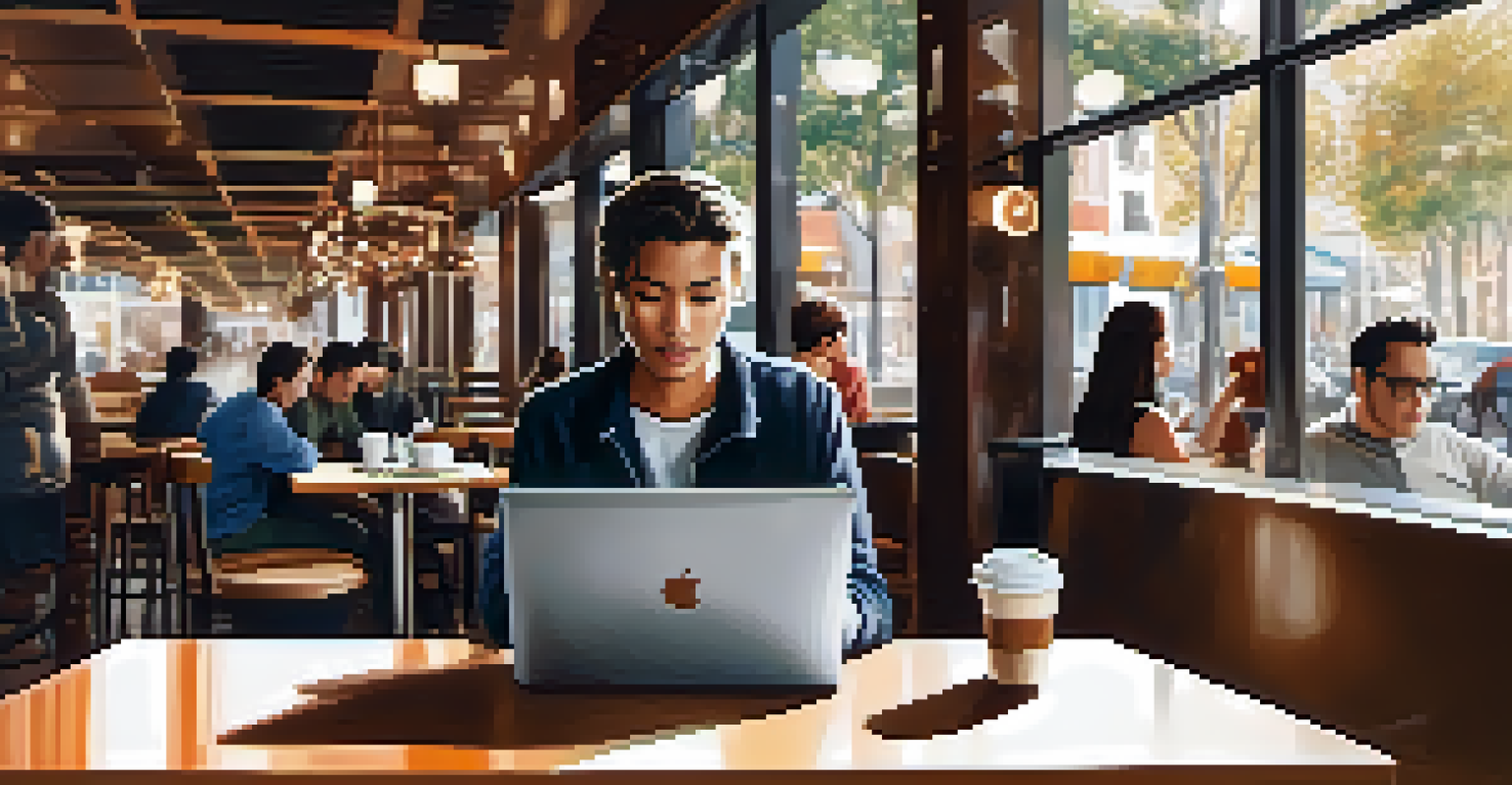 A person sitting in a modern café working on a laptop, with a coffee cup nearby and a warning sign about public Wi-Fi dangers overlaid in the image.