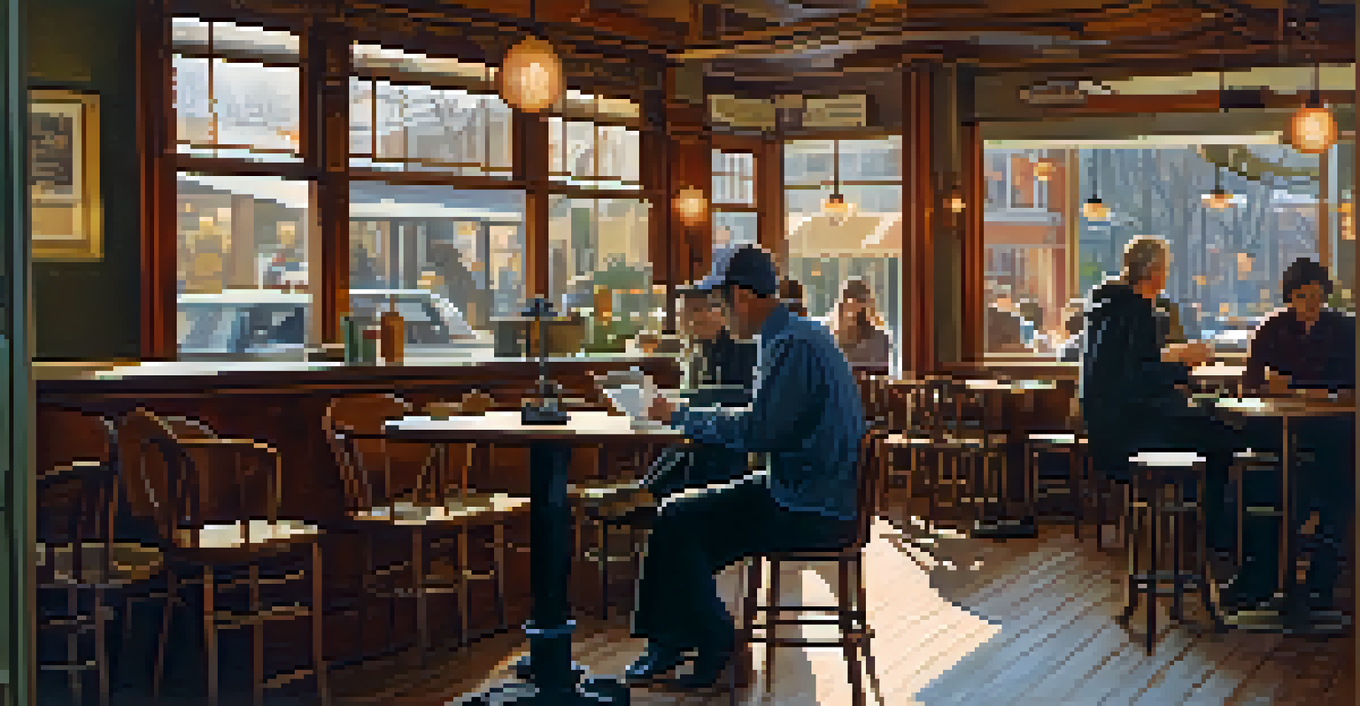A person in a coffee shop, observing their surroundings and taking notes, with a cozy ambiance and other customers in the background.