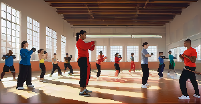 A diverse group of people practicing self-defense techniques in a bright gym, showcasing energy and camaraderie.