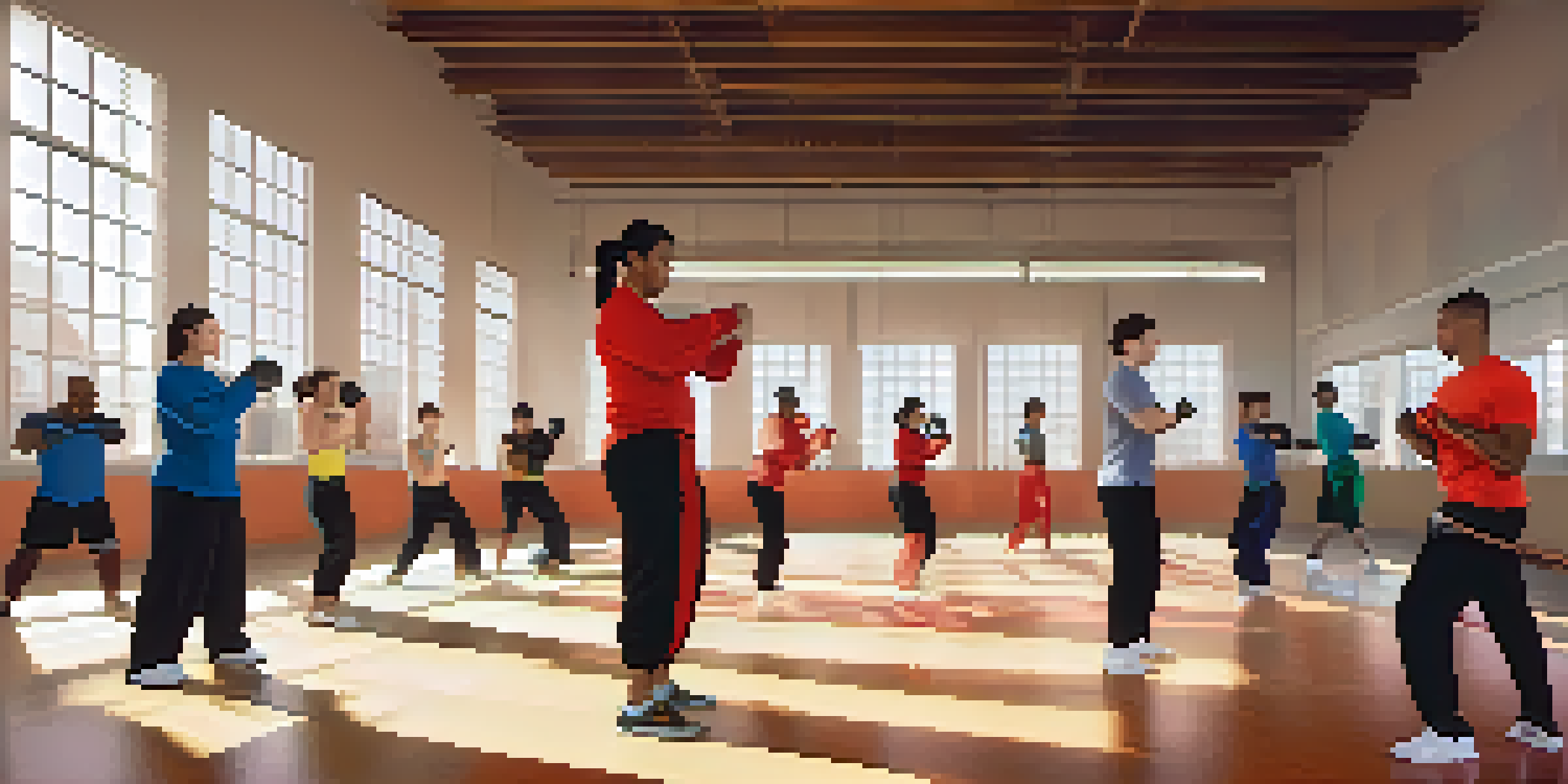 A diverse group of people practicing self-defense techniques in a bright gym, showcasing energy and camaraderie.
