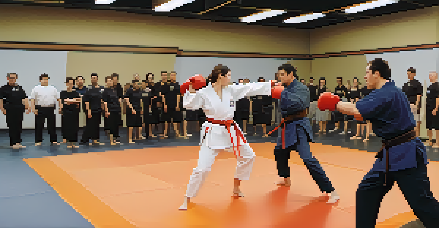 Two individuals engaging in a role-playing self-defense training session in a well-lit facility.