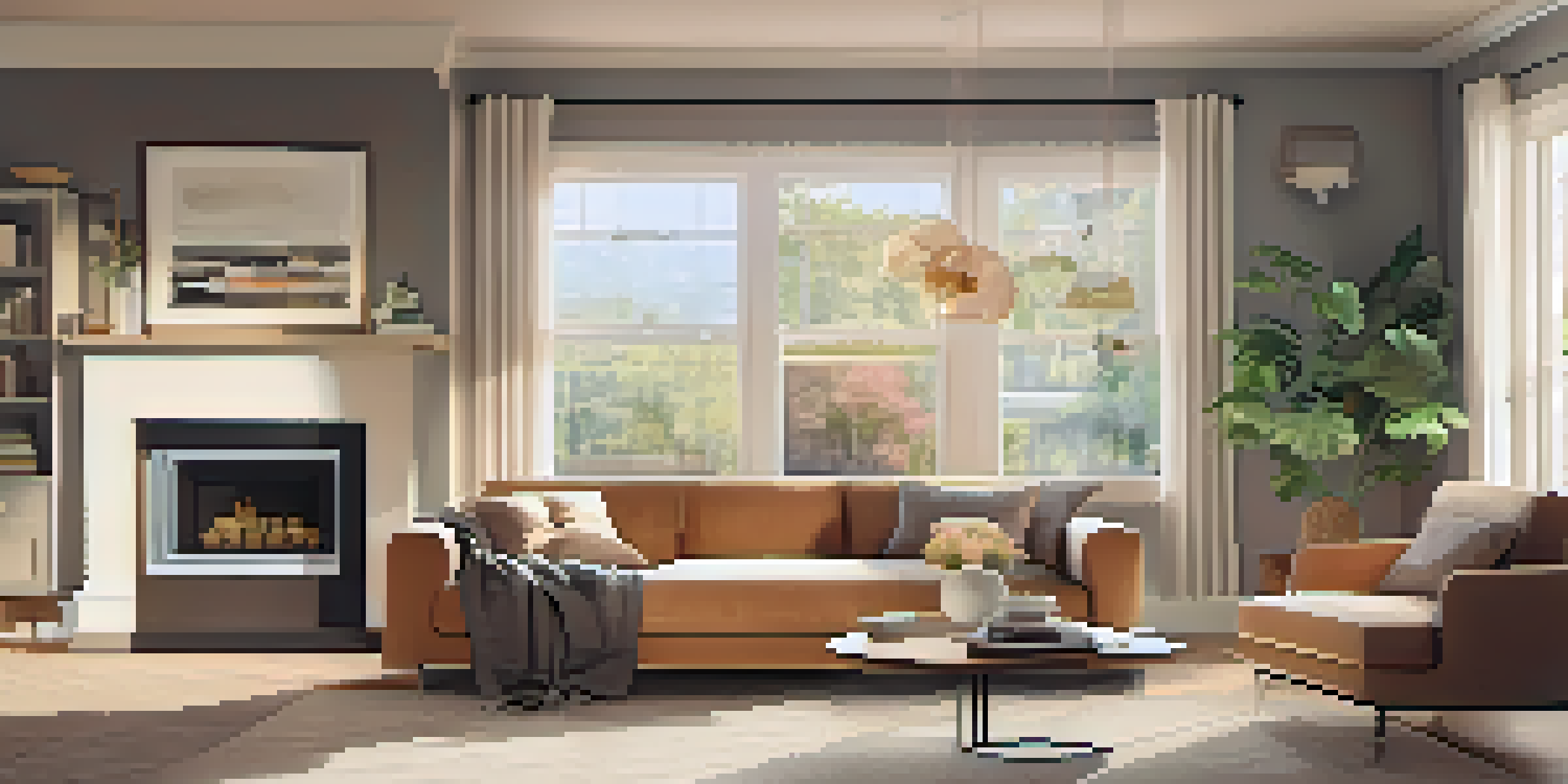 A cozy living room showcasing a modern home security control panel, with comfortable furniture and bright natural light.