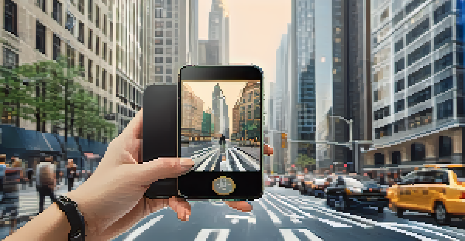 A person looking at their smartphone in an urban setting, with a safety app displayed on the screen.