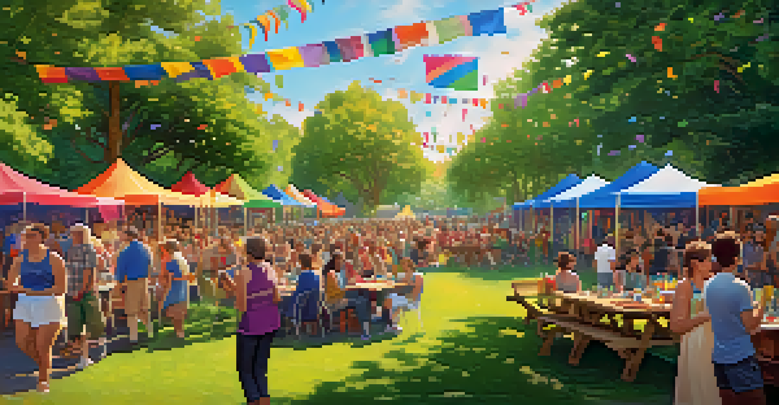 A lively LGBTQ+ pride event in a park with colorful flags and happy people engaging in activities, showcasing a sense of community and acceptance.