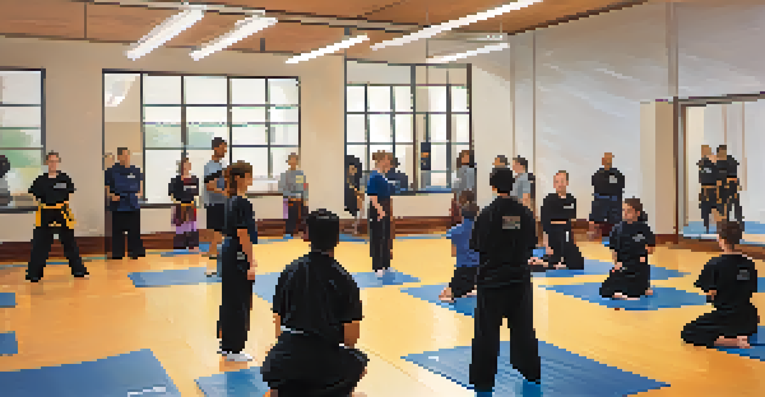 A self-defense class with students practicing techniques under the guidance of an instructor in a bright room.