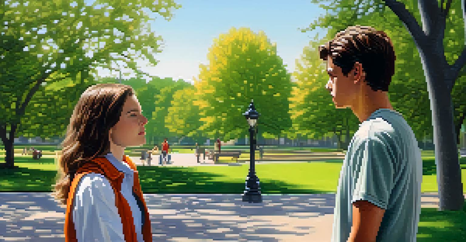 A young adult approaching a distressed friend in a park, demonstrating bystander intervention in a supportive environment.