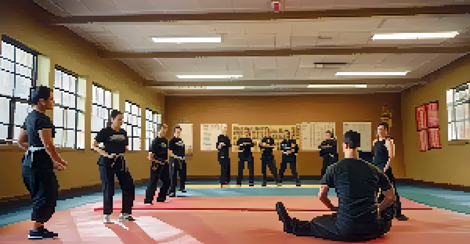 An instructor demonstrating a self-defense technique to students in a warmly lit indoor training room.