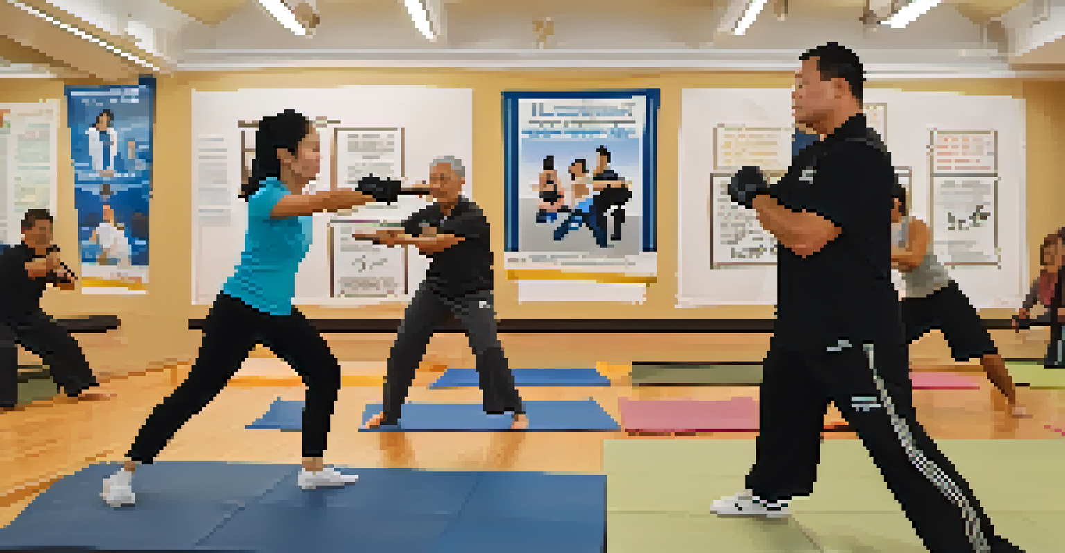 An instructor teaching self-defense techniques to couples in a vibrant indoor class setting.