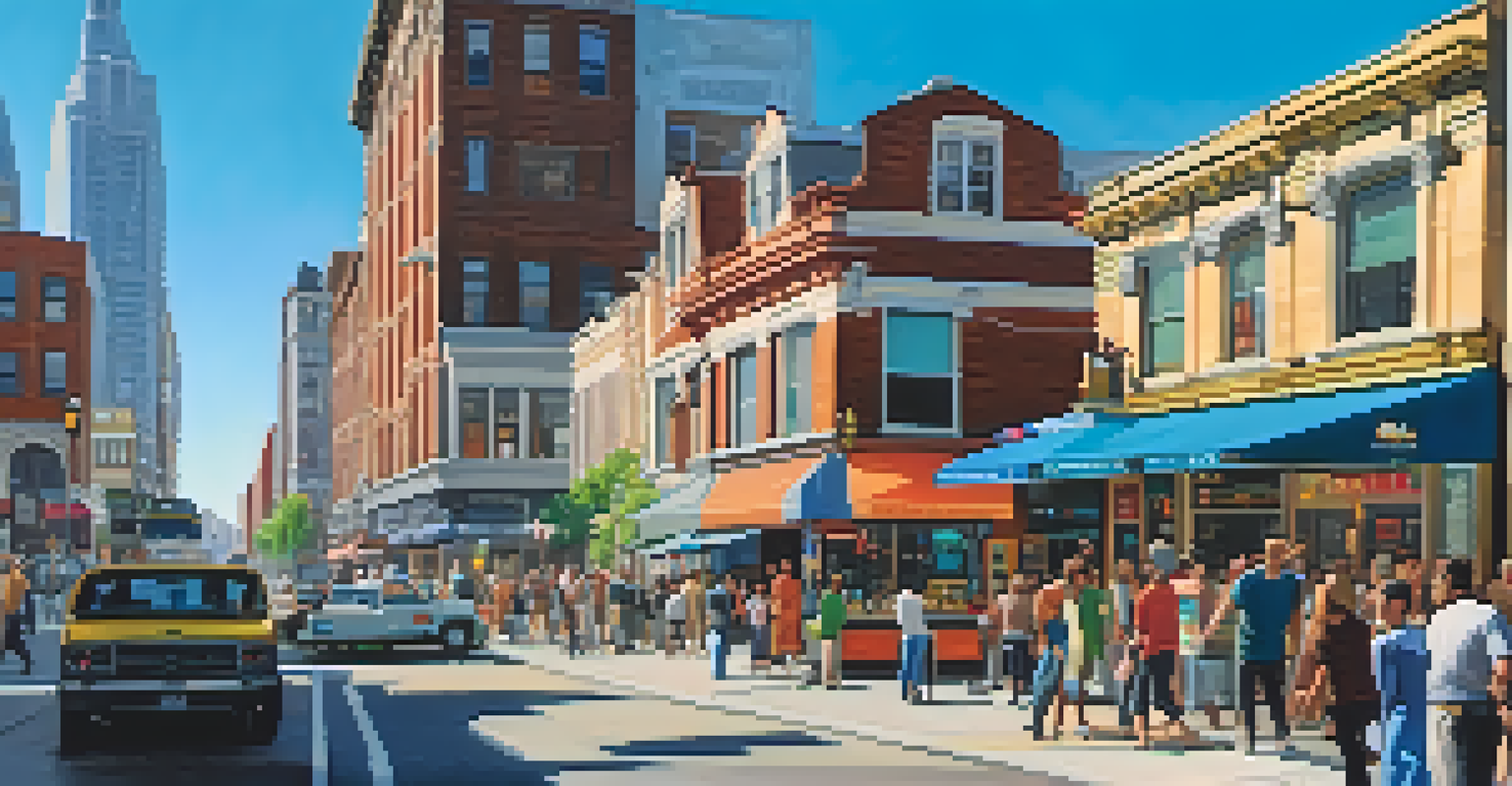 A lively urban street corner with diverse people talking and colorful shops, with modern buildings in the background.