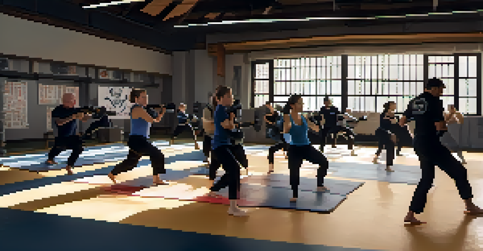 An energetic self-defense training session in a dojo with participants practicing various responses.