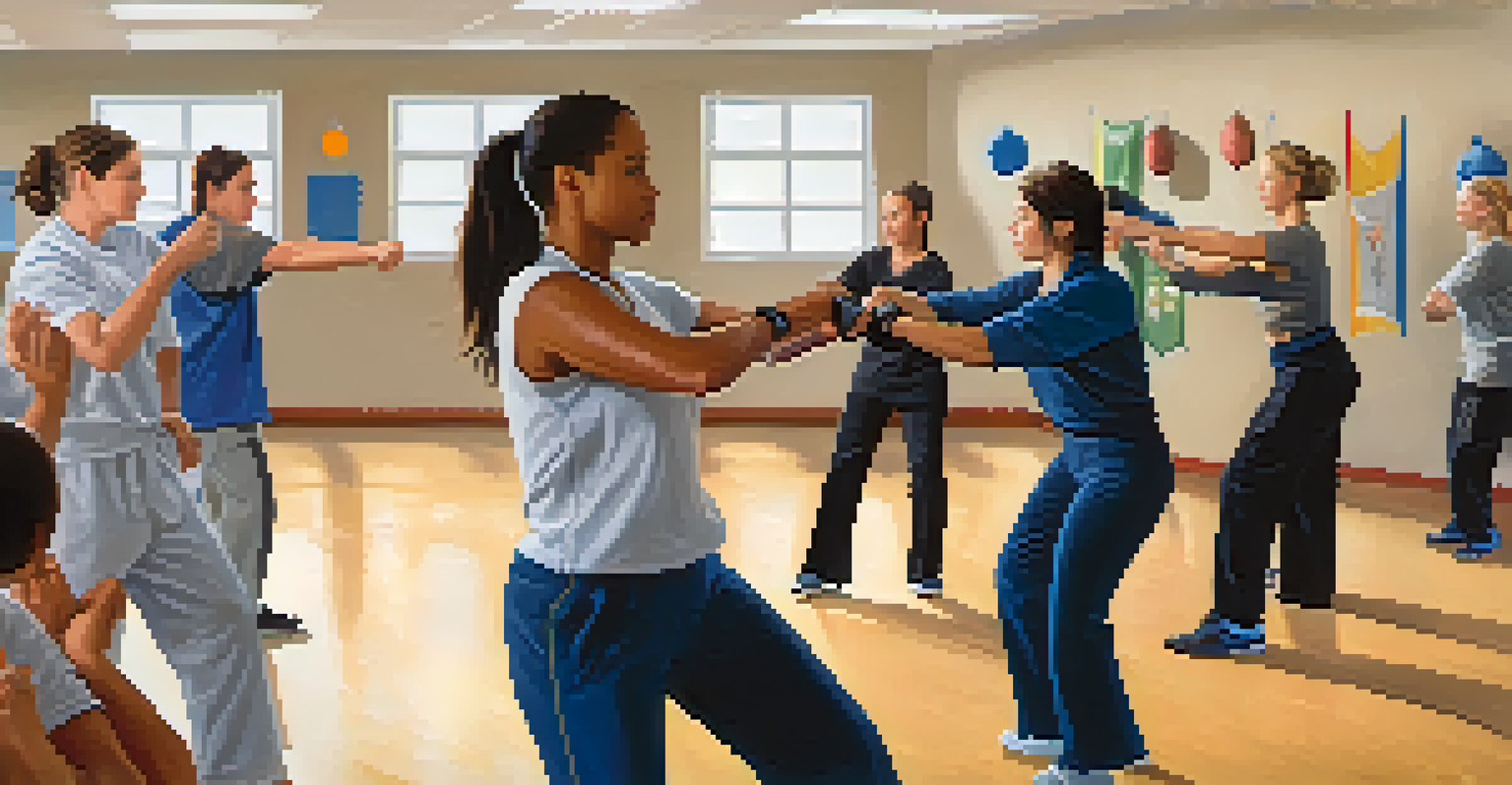 A self-defense workshop in a bright classroom with diverse participants learning from an instructor, emphasizing safety education.