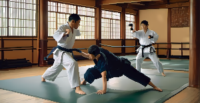 Two individuals engaged in a self-defense practice in a dojo, demonstrating techniques with focused expressions.
