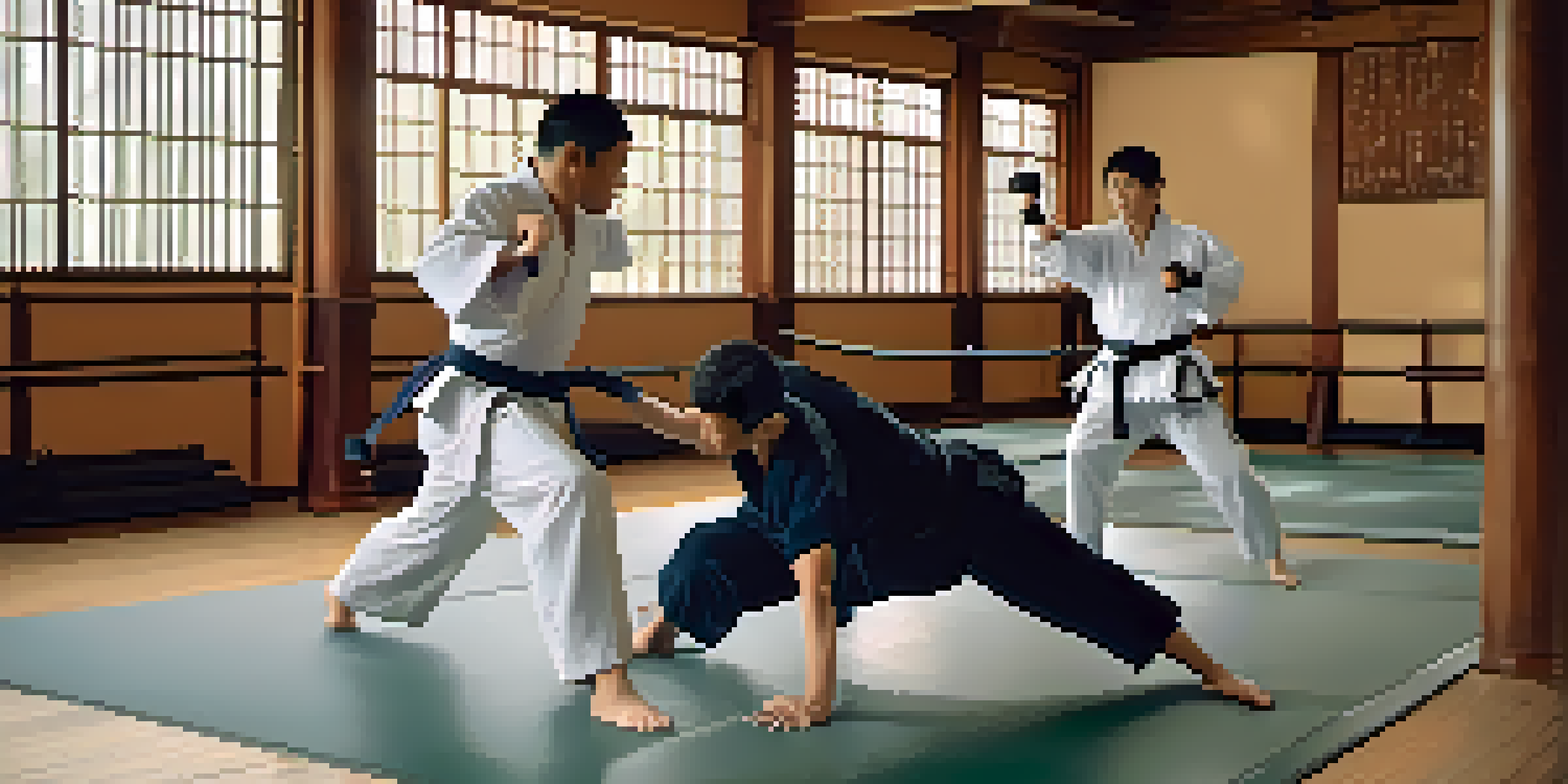 Two individuals engaged in a self-defense practice in a dojo, demonstrating techniques with focused expressions.